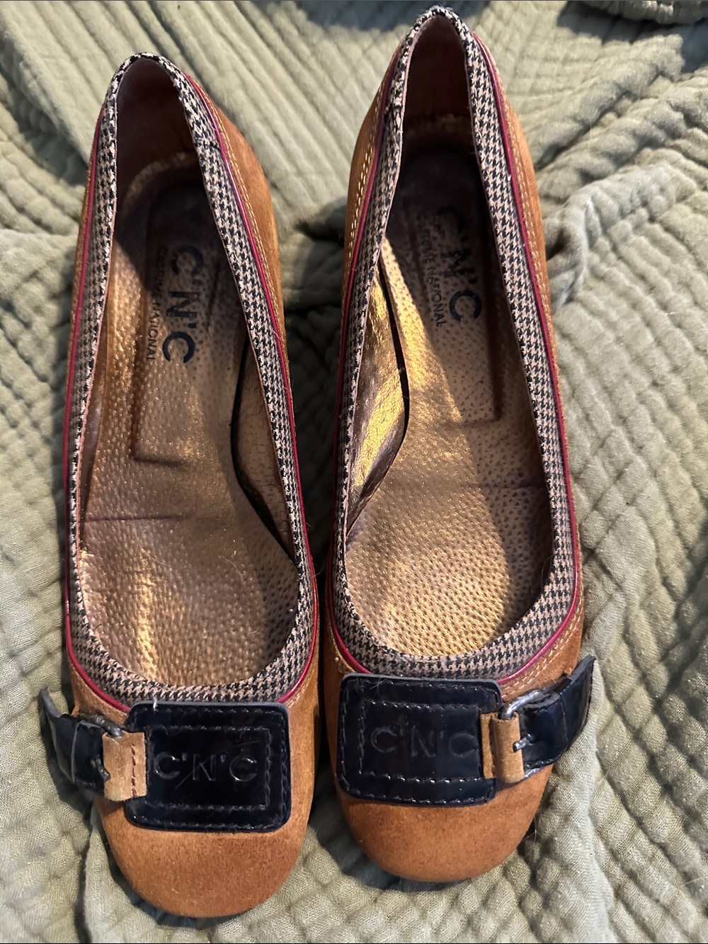 CNC Costume National Tan Suede Ballet Flats with Black Buckle